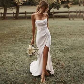Basit Mermaid Beyaz düğün elbisesi Spagetti Sapanlar Yüksek Yarık 2022 Saten Backless Düz Custom Made Robe De Mariee Özelleştirmek