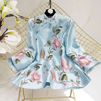Tang Takım Elbise Gömlek Çin Bayan Geleneksel Saten İpek Bluz Nakış Kadın Vintage Artı Boyutu 4XL Gevşek Kadın Hanfu Tops