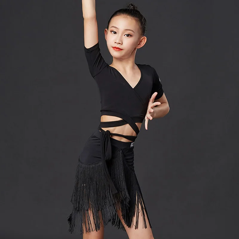 Latin Dans Elbise Çocuk V Yaka Kısa Kollu Saçaklı Etek Kız Performans Kostümleri Rumba Cha Cha Samba Tango Giyim DN6062 Görüntü 1