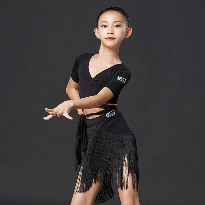 Latin Dans Elbise Çocuk V Yaka Kısa Kollu Saçaklı Etek Kız Performans Kostümleri Rumba Cha Cha Samba Tango Giyim DN6062 Görüntü 3