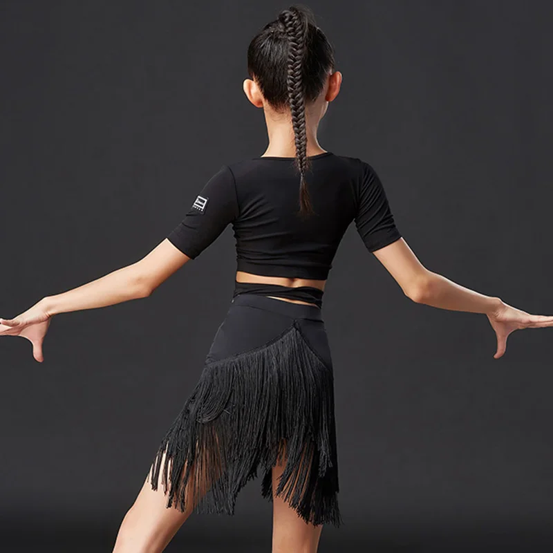Latin Dans Elbise Çocuk V Yaka Kısa Kollu Saçaklı Etek Kız Performans Kostümleri Rumba Cha Cha Samba Tango Giyim DN6062 Görüntü 4