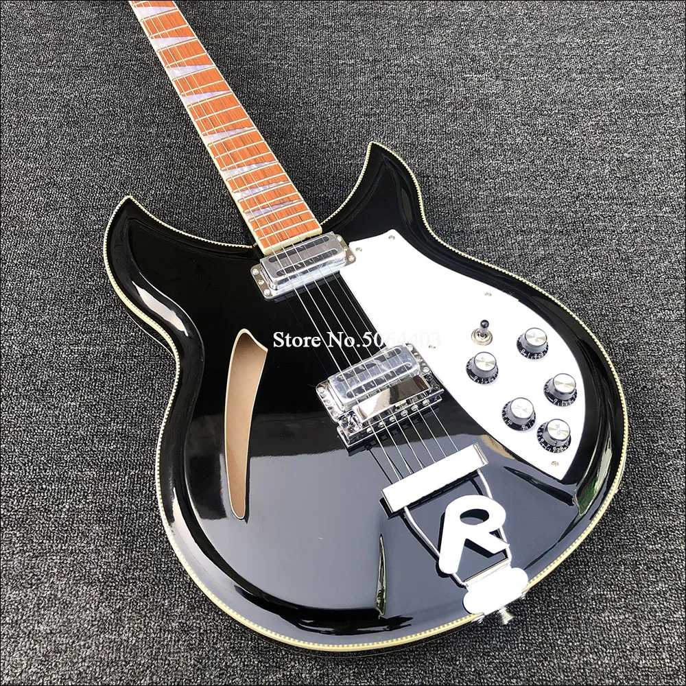 Yüksek kaliteli 6 telli Rickon 381 elektro gitar, çift davul siyah boyalı yarım içi boş gitar, R köprüsü, posta ücreti. Görüntü 0