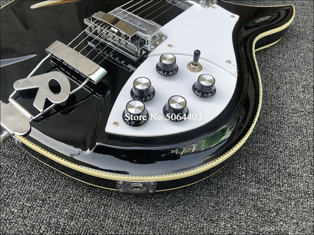 Yüksek kaliteli 6 telli Rickon 381 elektro gitar, çift davul siyah boyalı yarım içi boş gitar, R köprüsü, posta ücreti. Görüntü 1