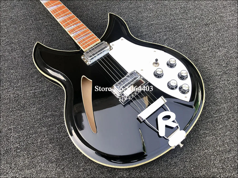Yüksek kaliteli 6 telli Rickon 381 elektro gitar, çift davul siyah boyalı yarım içi boş gitar, R köprüsü, posta ücreti. Görüntü 2