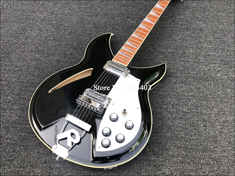 Yüksek kaliteli 6 telli Rickon 381 elektro gitar, çift davul siyah boyalı yarım içi boş gitar, R köprüsü, posta ücreti. Görüntü 3