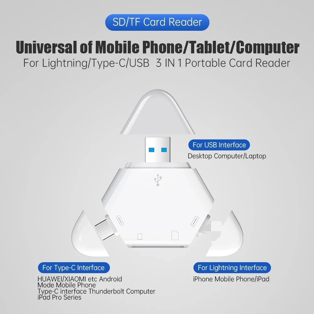 Iphone 3 in 1 Çoklu kart okuyucu Yıldırım SD TF Hafıza kart okuyucu Desteği IOS İçin USB Tip C Adaptörü Kart Okuyucu Görüntü 1
