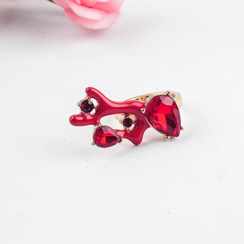 Zarif Cam Kırmızı Emaye Mercan Şube Parmak Yüzük Kadın Hediyeler İçin Altın Renk moda takı Aksesuarları Toptan Görüntü 1