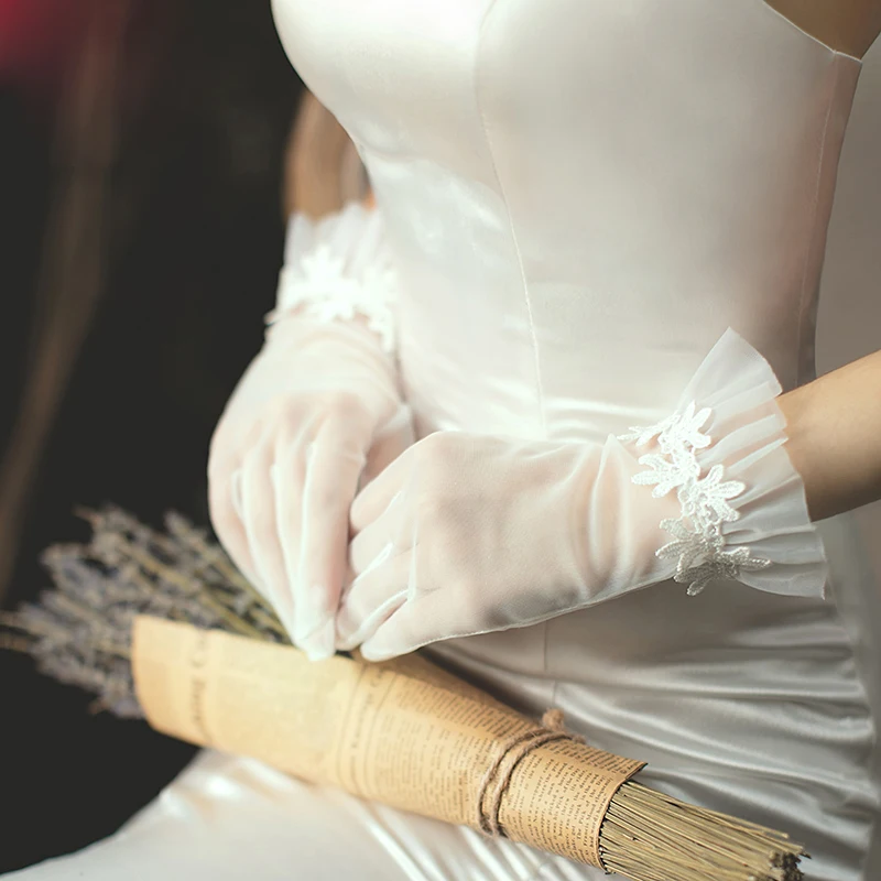 Moda Gelin düğün elbisesi Eldiven Kadın Fildişi Tül Dantel Tam Parmak Eldiven Gelin Akşam Parti Aksesuarları Kız bayan eldivenleri Görüntü 4