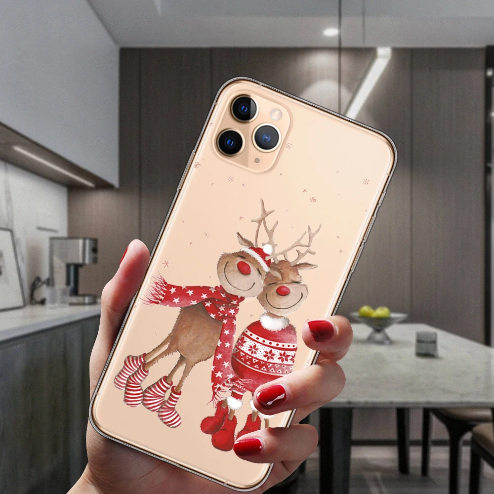 Iphone 14 11 12 13 Pro Max Mini 8 7 Artı 6S 6 14ProMax Şeffaf Kılıf Sevimli Elk Merry Christmas Noel Baba Silikon Kapak Görüntü 1
