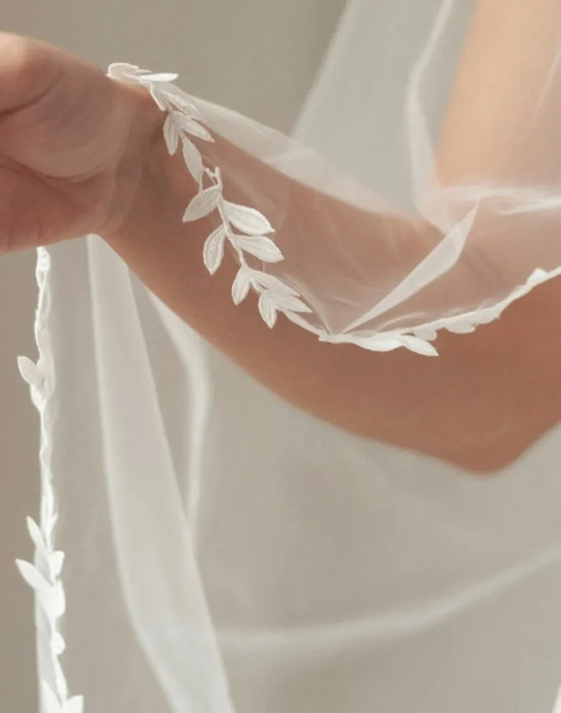 NZUK Yaprak Dantel Kenar Düğün Veils Tarak İle Katedrali Gelin Peçe İnce Dantel Trim Mantilla Veu Görüntü 3
