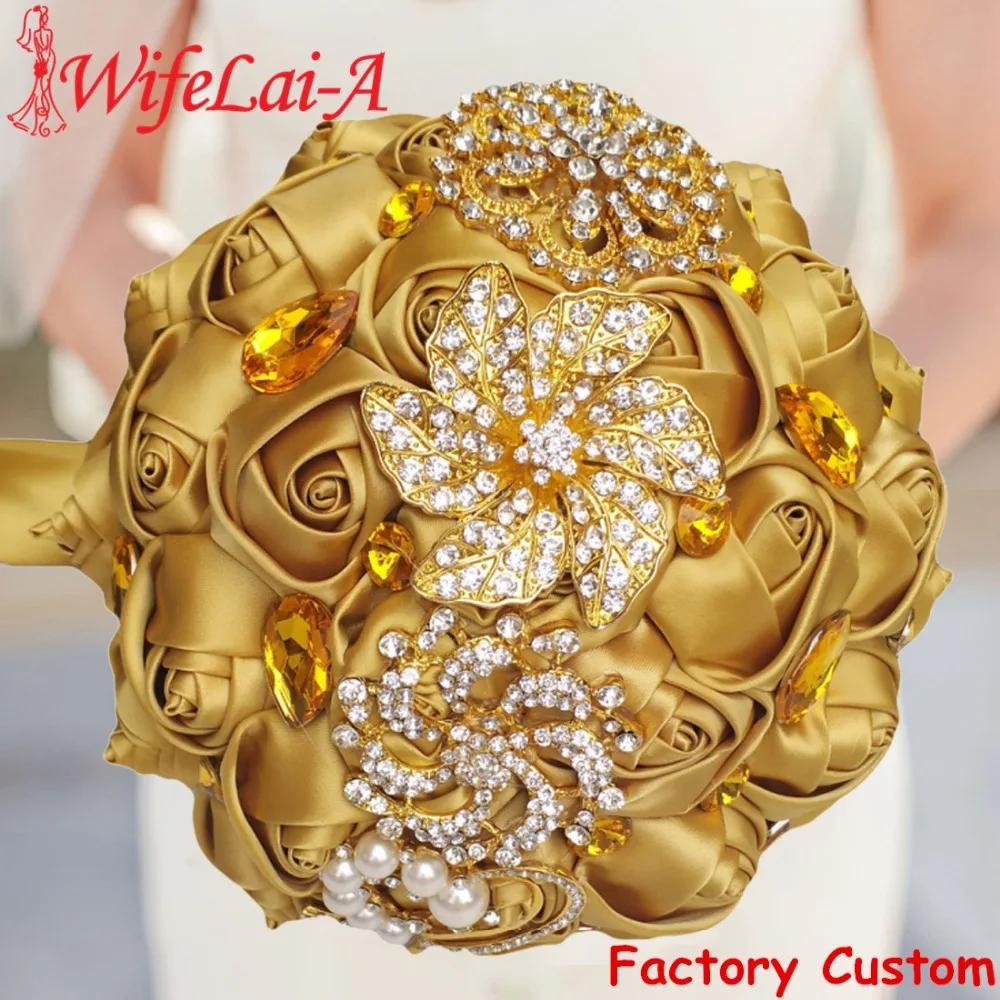 WifeLai-Altın Broş Elmas Gelin Düğün Buketleri Gelin Kristal İpek Çiçekler Gelin Buketleri de noiva Fabrika Özel W227Q Görüntü 0