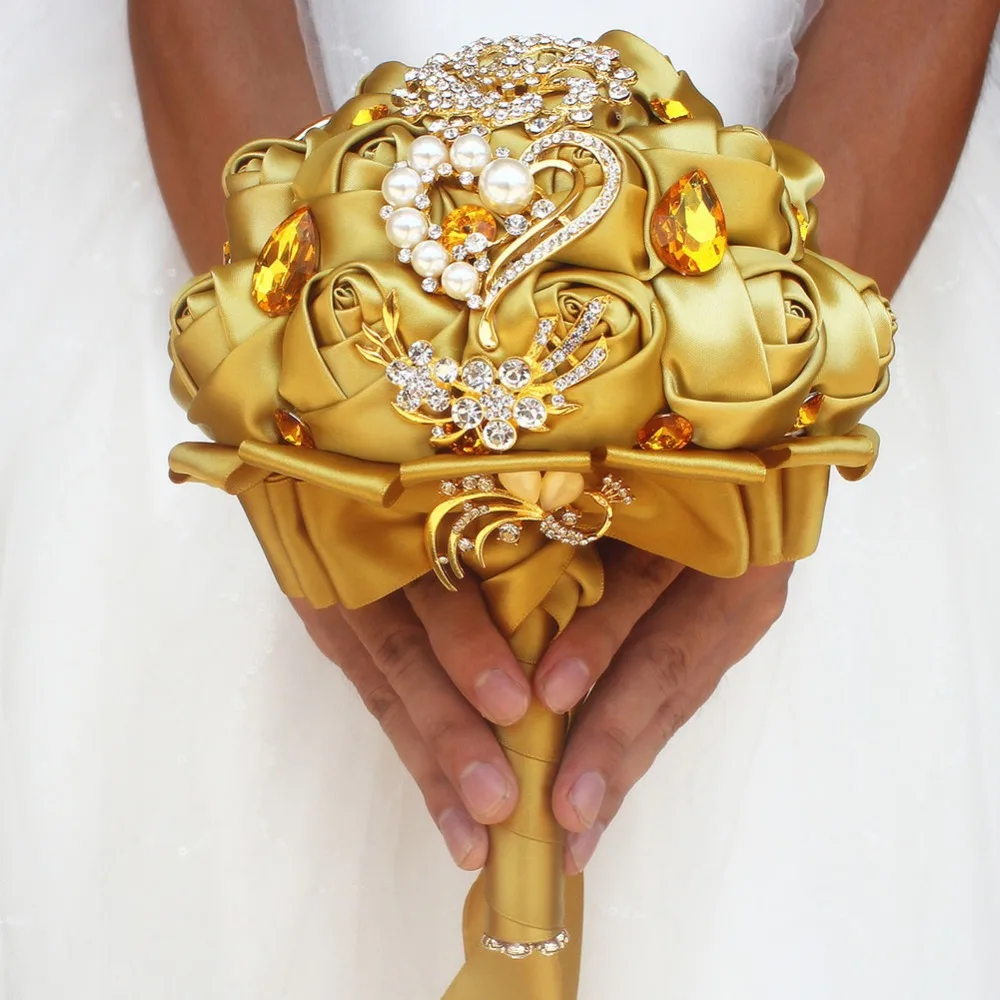 WifeLai-Altın Broş Elmas Gelin Düğün Buketleri Gelin Kristal İpek Çiçekler Gelin Buketleri de noiva Fabrika Özel W227Q Görüntü 1