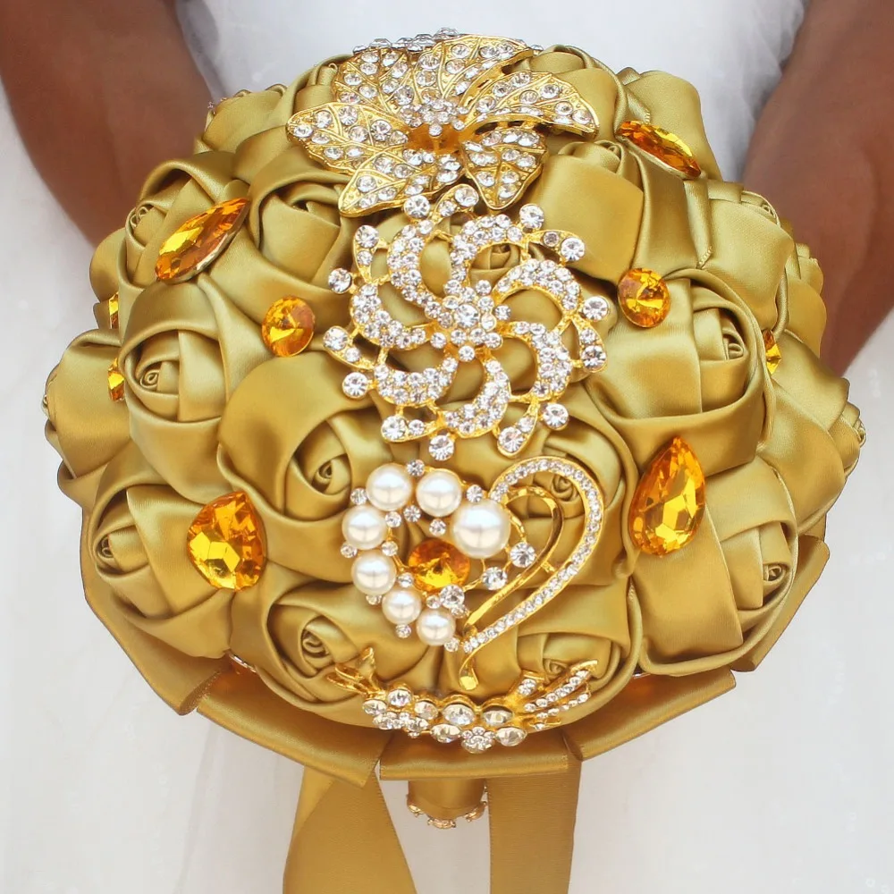 WifeLai-Altın Broş Elmas Gelin Düğün Buketleri Gelin Kristal İpek Çiçekler Gelin Buketleri de noiva Fabrika Özel W227Q Görüntü 2