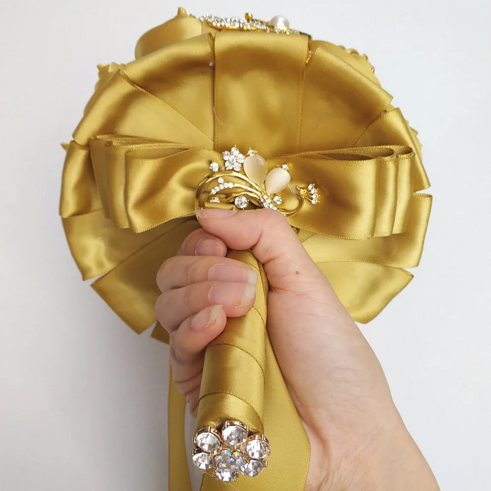 WifeLai-Altın Broş Elmas Gelin Düğün Buketleri Gelin Kristal İpek Çiçekler Gelin Buketleri de noiva Fabrika Özel W227Q Görüntü 3
