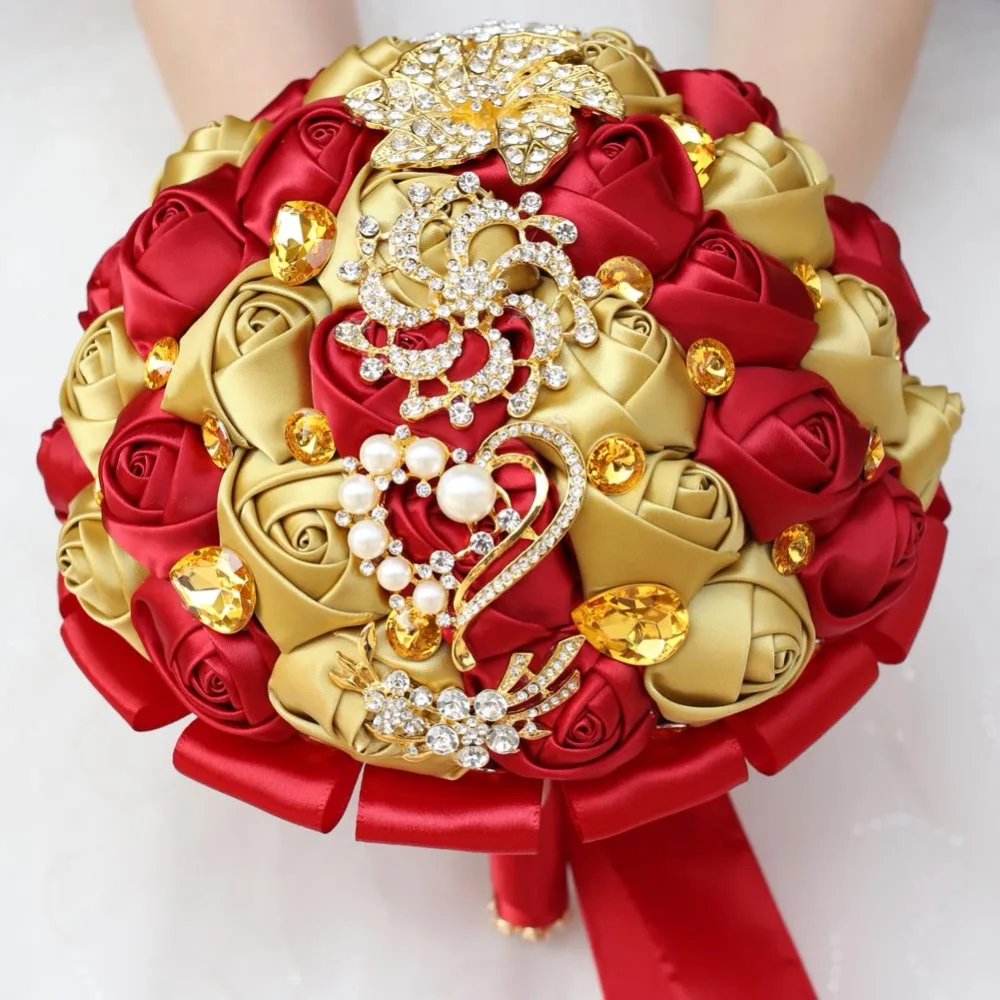 WifeLai-Altın Broş Elmas Gelin Düğün Buketleri Gelin Kristal İpek Çiçekler Gelin Buketleri de noiva Fabrika Özel W227Q Görüntü 4
