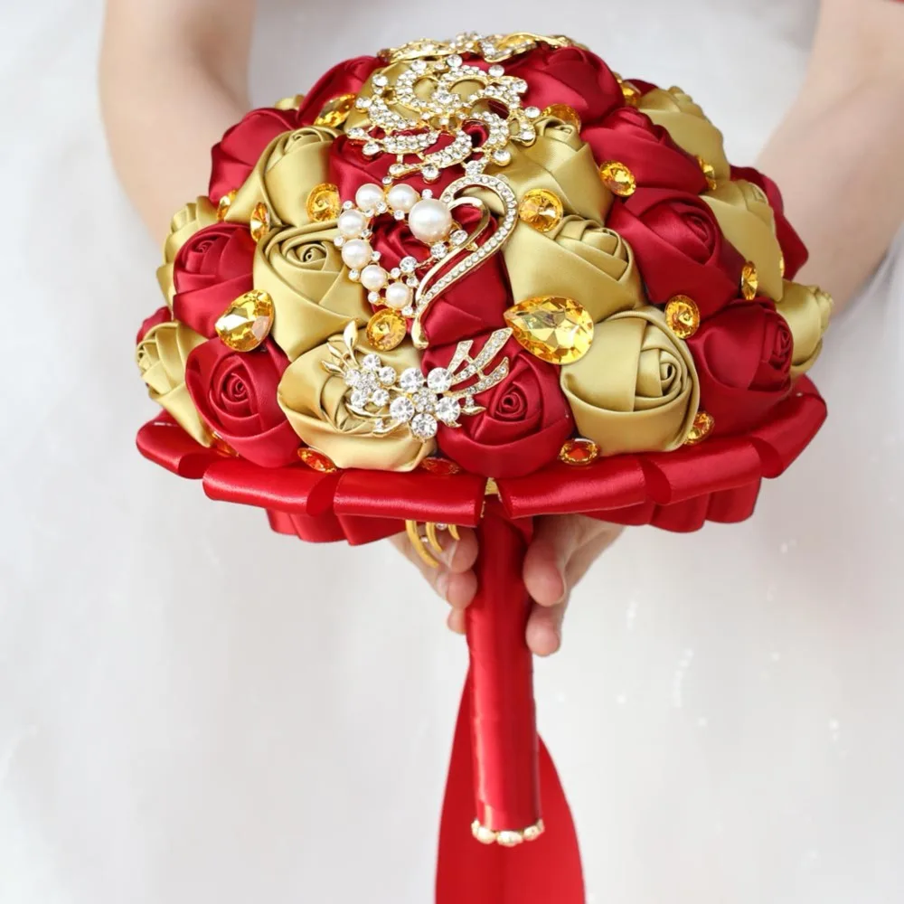 WifeLai-Altın Broş Elmas Gelin Düğün Buketleri Gelin Kristal İpek Çiçekler Gelin Buketleri de noiva Fabrika Özel W227Q Görüntü 5