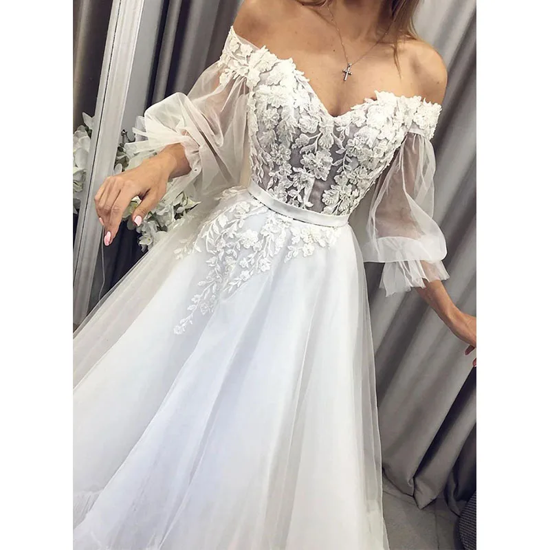 Eightree Prenses düğün elbisesi Puf Kollu Uzun gelin elbiseleri Dantel Aplikler gelinlik Sevgiliye Vestido De Noiva Görüntü 0