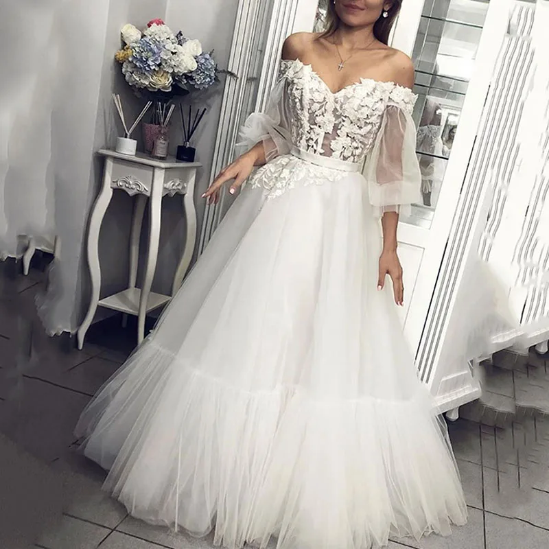 Eightree Prenses düğün elbisesi Puf Kollu Uzun gelin elbiseleri Dantel Aplikler gelinlik Sevgiliye Vestido De Noiva Görüntü 1