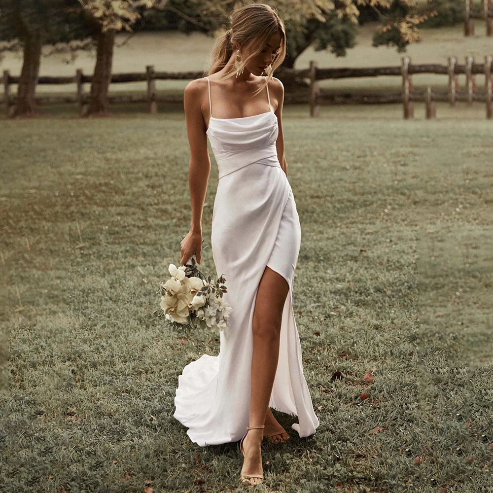 Basit Mermaid Beyaz düğün elbisesi Spagetti Sapanlar Yüksek Yarık 2022 Saten Backless Düz Custom Made Robe De Mariee Özelleştirmek Görüntü 0