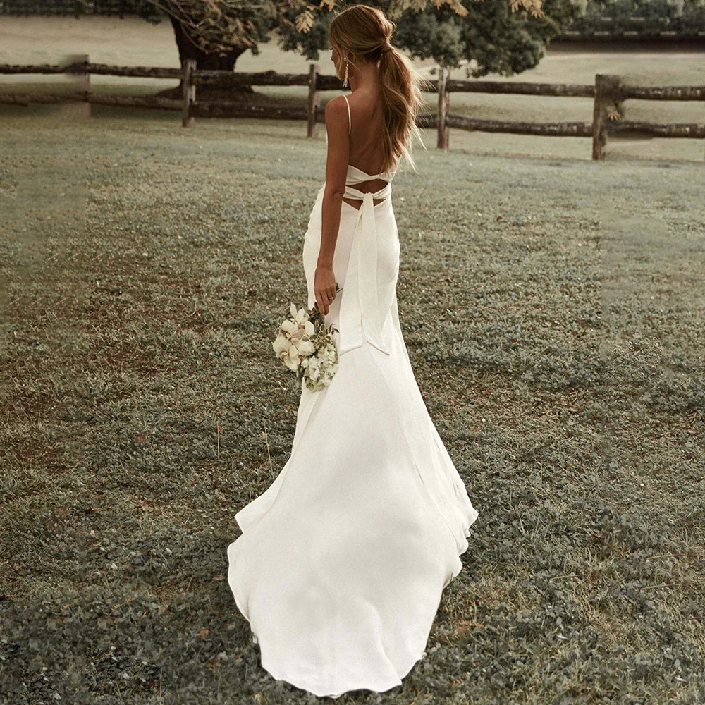 Basit Mermaid Beyaz düğün elbisesi Spagetti Sapanlar Yüksek Yarık 2022 Saten Backless Düz Custom Made Robe De Mariee Özelleştirmek Görüntü 1