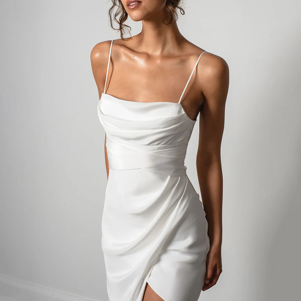 Basit Mermaid Beyaz düğün elbisesi Spagetti Sapanlar Yüksek Yarık 2022 Saten Backless Düz Custom Made Robe De Mariee Özelleştirmek Görüntü 2