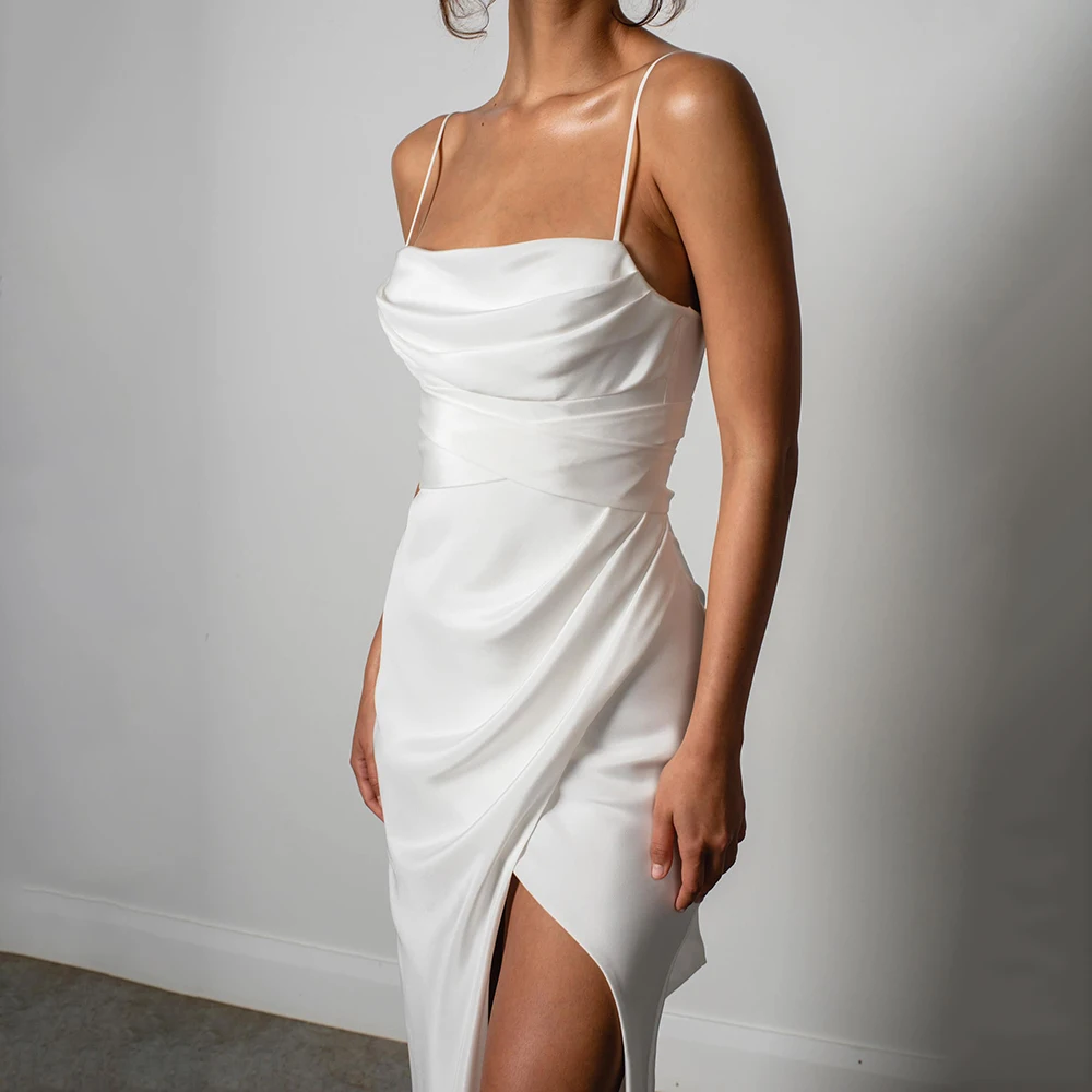 Basit Mermaid Beyaz düğün elbisesi Spagetti Sapanlar Yüksek Yarık 2022 Saten Backless Düz Custom Made Robe De Mariee Özelleştirmek Görüntü 3