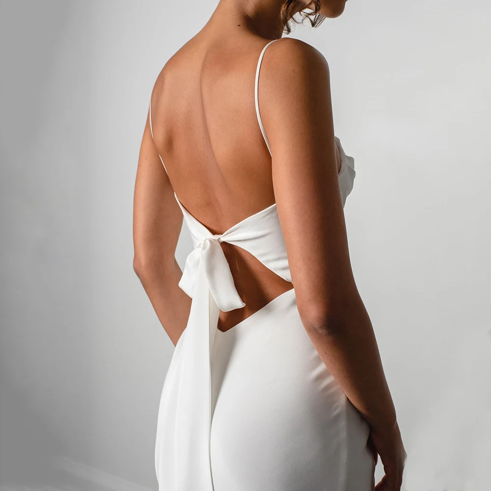 Basit Mermaid Beyaz düğün elbisesi Spagetti Sapanlar Yüksek Yarık 2022 Saten Backless Düz Custom Made Robe De Mariee Özelleştirmek Görüntü 4