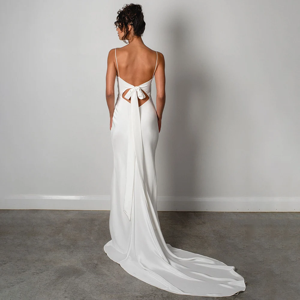 Basit Mermaid Beyaz düğün elbisesi Spagetti Sapanlar Yüksek Yarık 2022 Saten Backless Düz Custom Made Robe De Mariee Özelleştirmek Görüntü 5