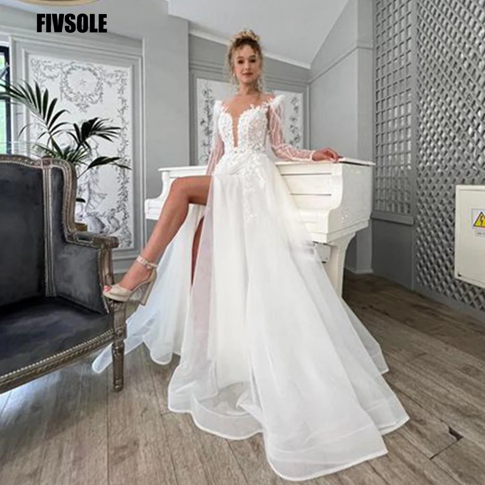 Fivsole 2022 Yüksek Bölünmüş A-Line Uzun Kollu düğün elbisesi Tül Dantel Aplikler gelin kıyafeti Robe De Mariée Vestido De Noiva Görüntü 0