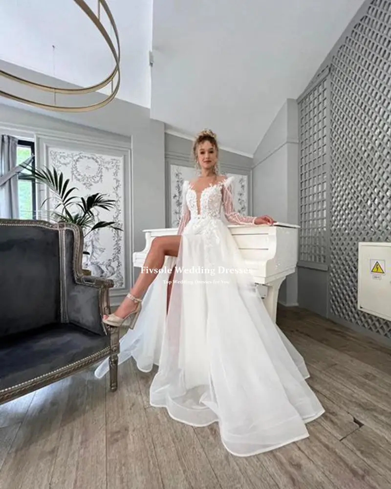 Fivsole 2022 Yüksek Bölünmüş A-Line Uzun Kollu düğün elbisesi Tül Dantel Aplikler gelin kıyafeti Robe De Mariée Vestido De Noiva Görüntü 1