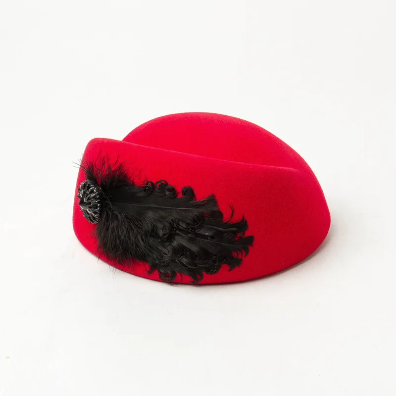 Yeni Kadın Yün Keçe Kap Bayanlar Pillbox Şapkalar Siyah Tüy Insignia Katı Bere Hostes Hava Hostesler Şapka Tabanı Fedoras Görüntü 3