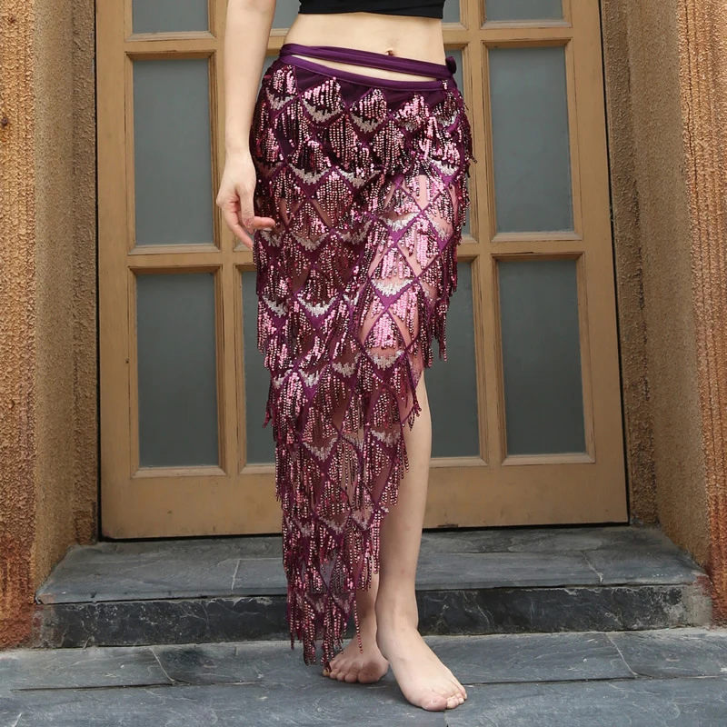 XL Boyutu Kadın Dans Giyim Aksesuarları Renkli Mermaid Aşırı Etek Ayarlanabilir Fit Oryantal Dans Yuvarlak Sequins cıngıllı şal Parlak Kemer Görüntü 5