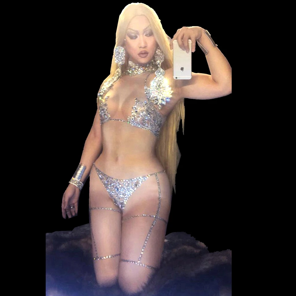 Bling Kristaller Bodysuit kadın Seksi Çıplak Kostüm Tulum Dans Sahne Giyim Rhinestones Elbise Kadın Şarkıcı Çıplak Streç Kıyafetler Görüntü 0