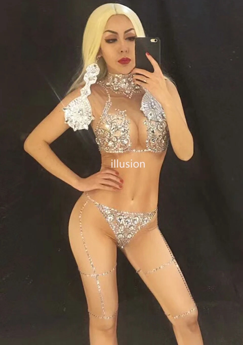 Bling Kristaller Bodysuit kadın Seksi Çıplak Kostüm Tulum Dans Sahne Giyim Rhinestones Elbise Kadın Şarkıcı Çıplak Streç Kıyafetler Görüntü 3