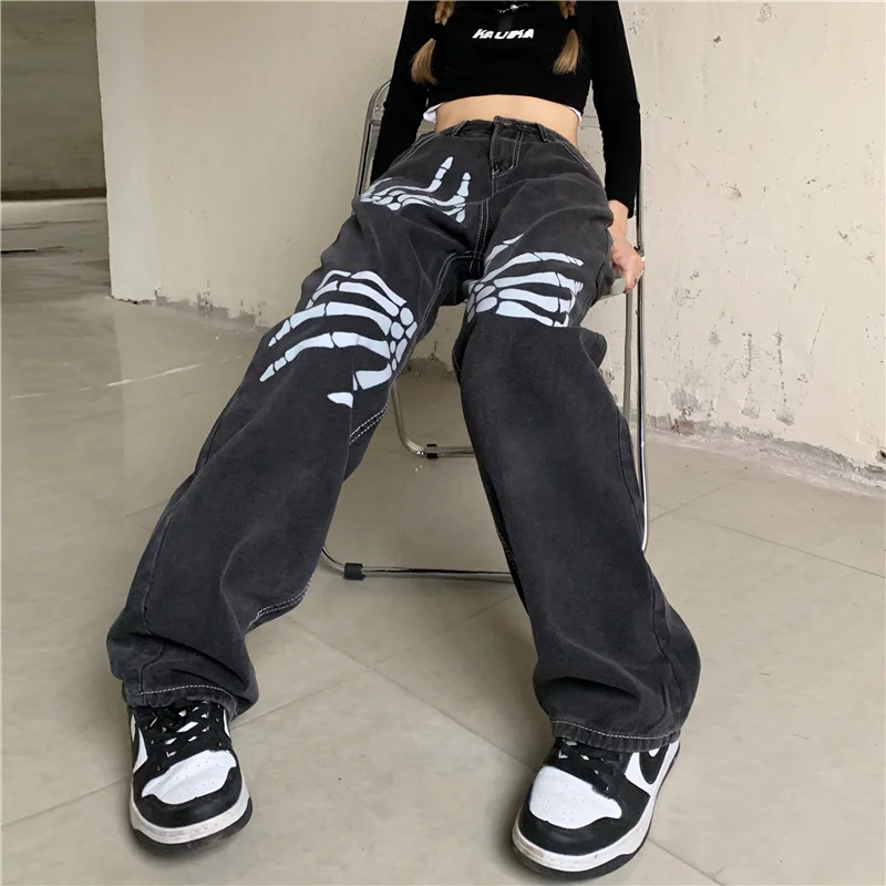 Koyu Goth Bayan İskelet Palmiye Baskı Serin Hipster Kot Pantolon Siyah Gotik Kadın Punk Uzun Kot Harajuku Sokak Düğme Fly Pantolon Görüntü 0