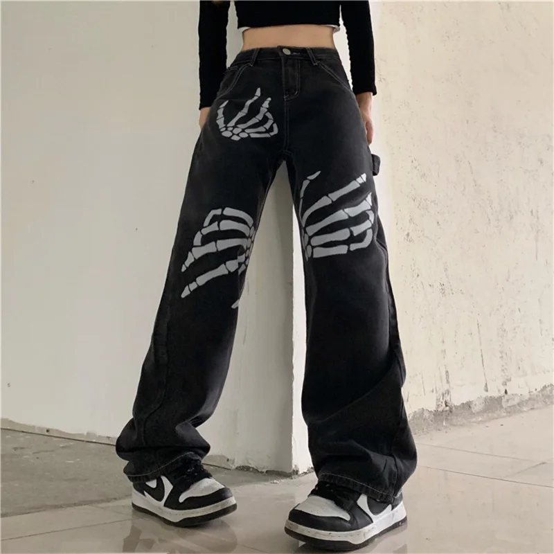 Koyu Goth Bayan İskelet Palmiye Baskı Serin Hipster Kot Pantolon Siyah Gotik Kadın Punk Uzun Kot Harajuku Sokak Düğme Fly Pantolon Görüntü 2