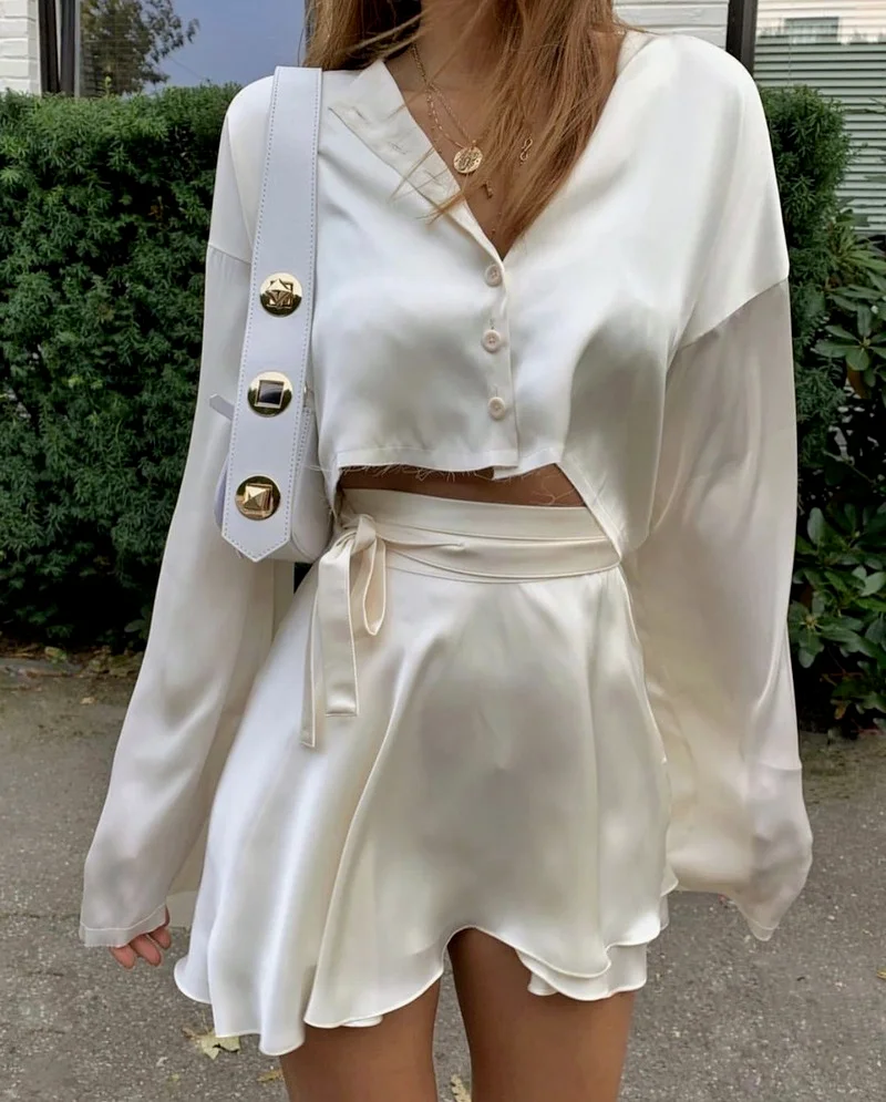 2021 Sonbahar Rahat Saten Yüksek Bel Etek Kadın Beyaz Yeni O-Boyun Bandaj Düz Renk Mini Kalem Etekler Kıyafetler Moda Parti Takım Elbise Görüntü 1