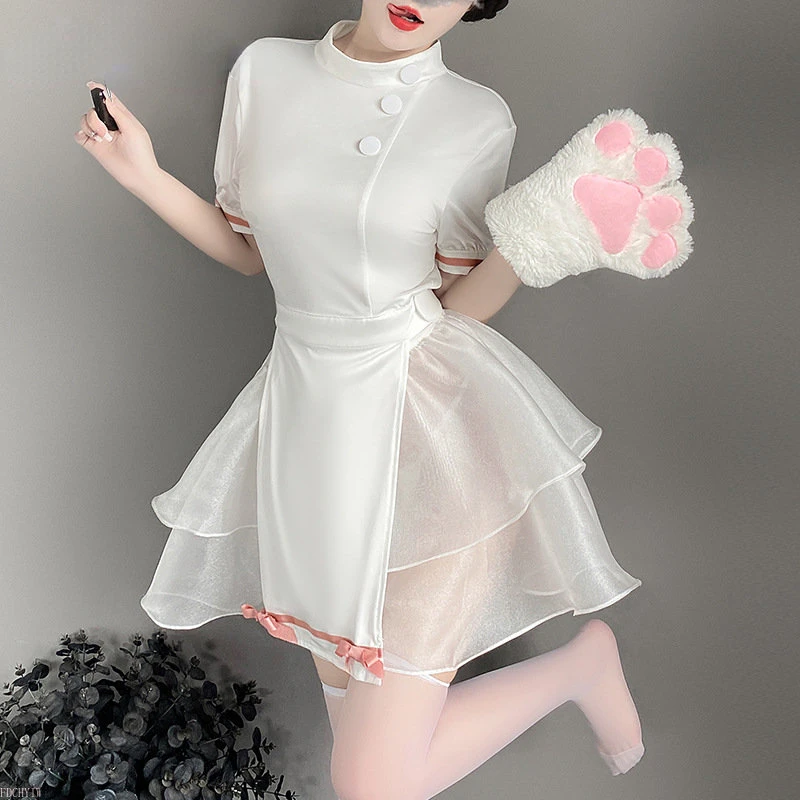 Beyaz Hemşire Rol Oynamak Elbise Erotik Kawaii Iç Çamaşırı Perspektif Yay Içi Boş doktor üniforması Anime Cosplay Seksi Kostümleri Sevimli Etek Görüntü 2