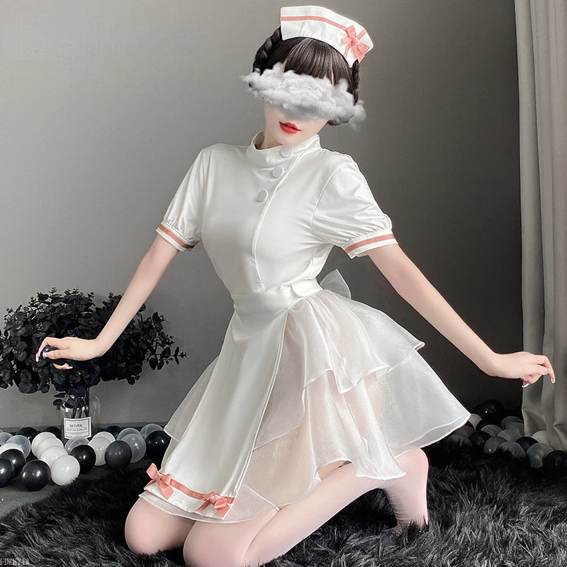 Beyaz Hemşire Rol Oynamak Elbise Erotik Kawaii Iç Çamaşırı Perspektif Yay Içi Boş doktor üniforması Anime Cosplay Seksi Kostümleri Sevimli Etek Görüntü 3