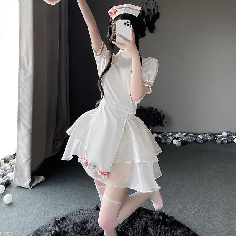 Beyaz Hemşire Rol Oynamak Elbise Erotik Kawaii Iç Çamaşırı Perspektif Yay Içi Boş doktor üniforması Anime Cosplay Seksi Kostümleri Sevimli Etek Görüntü 4