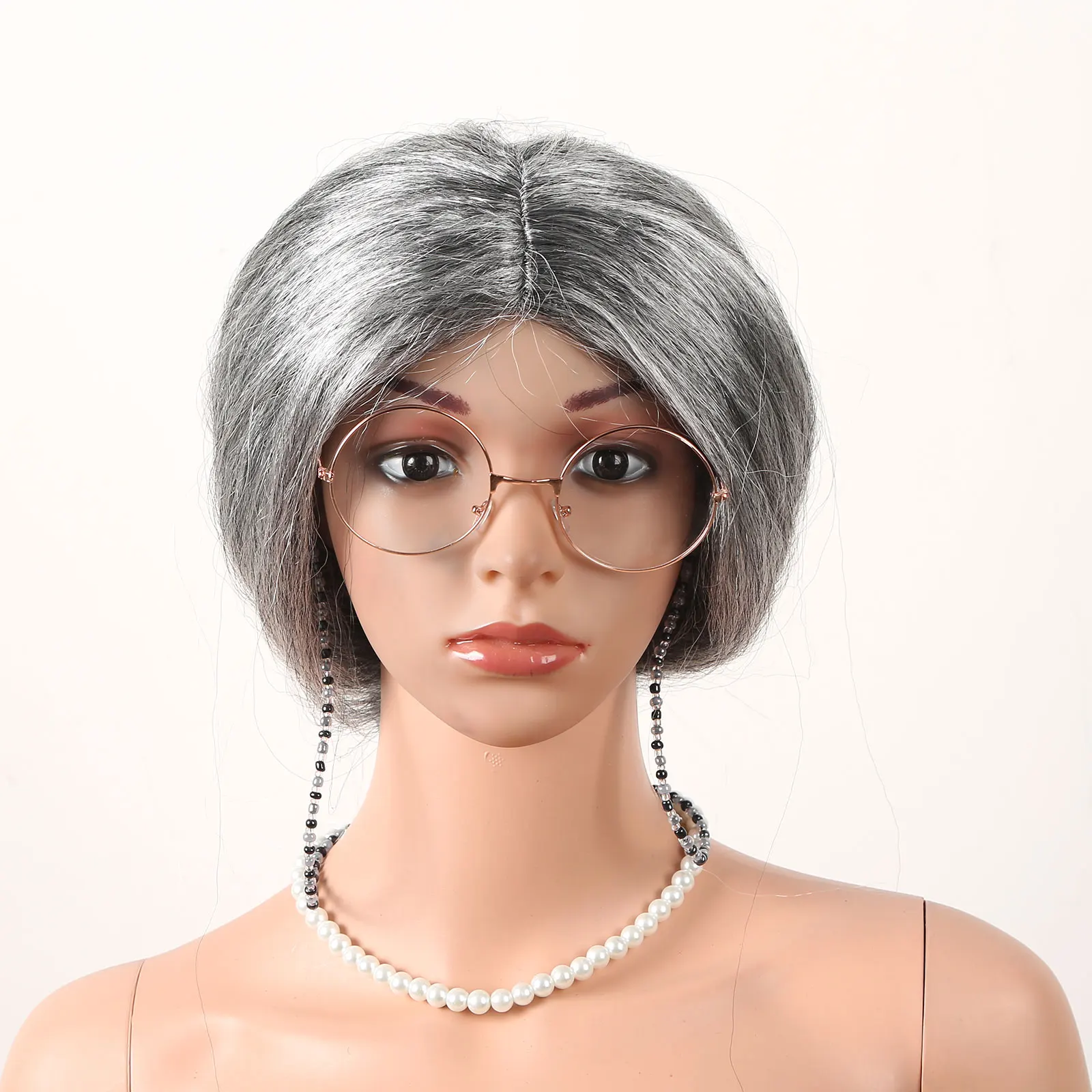 5 Adet Yaşlı Bayan Cosplay Kostüm Büyükanne Peruk Boncuk Gözlük Zinciri Gözlük İnci Kolye Setleri Maskeli Parti Cadılar Bayramı için Görüntü 1
