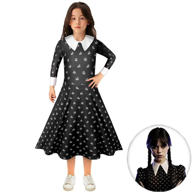 2022 Yeni Cossky Anime Çarşamba Cosplay Kostümleri Çocuk Çocuk Kız Addams Siyah Elbise Cadılar Bayramı Karnaval Kostüm Görüntü 0
