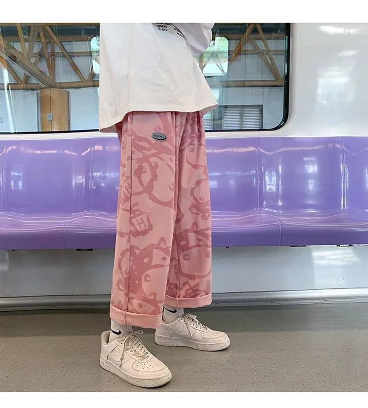 Sevimli Ayı Baskı Pantolon Yüksek Bel Pamuk Kadın Düz Bacak Pantolon Estetik Kore rahat pantolon Kadınlar için Mem Harajuku Giyim Görüntü 4