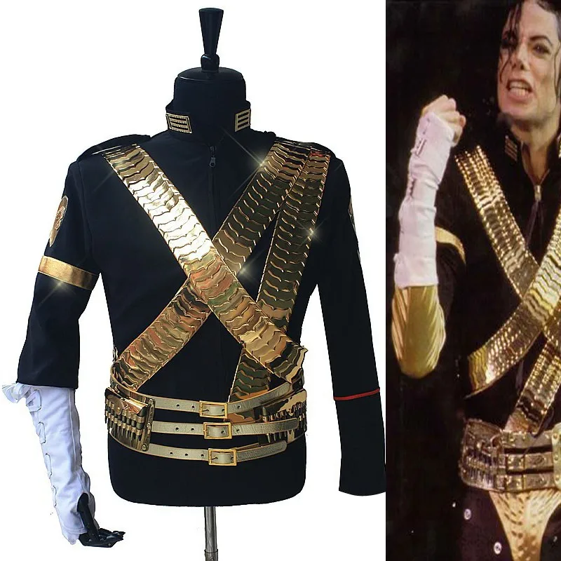 Unisex Michael Jackson Siyah Bullet Ceket Kaban Kostüm MJ REÇEL Altın Kayış Kemer Suit Cadılar Bayramı Cosplay Custom Made Görüntü 0