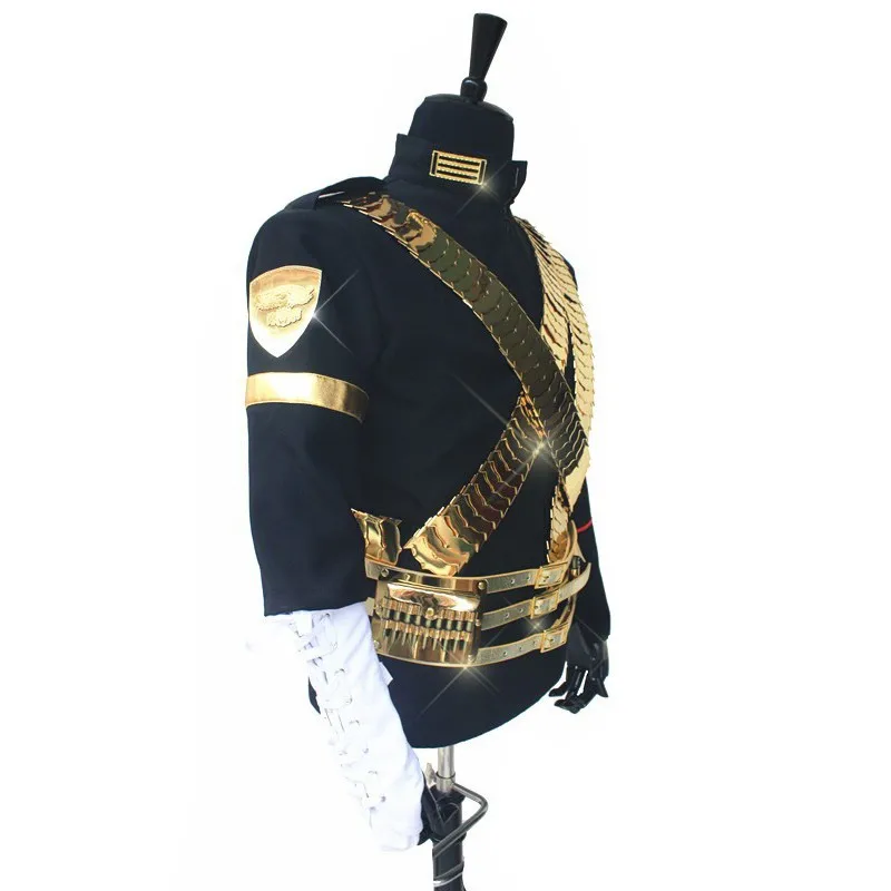 Unisex Michael Jackson Siyah Bullet Ceket Kaban Kostüm MJ REÇEL Altın Kayış Kemer Suit Cadılar Bayramı Cosplay Custom Made Görüntü 2