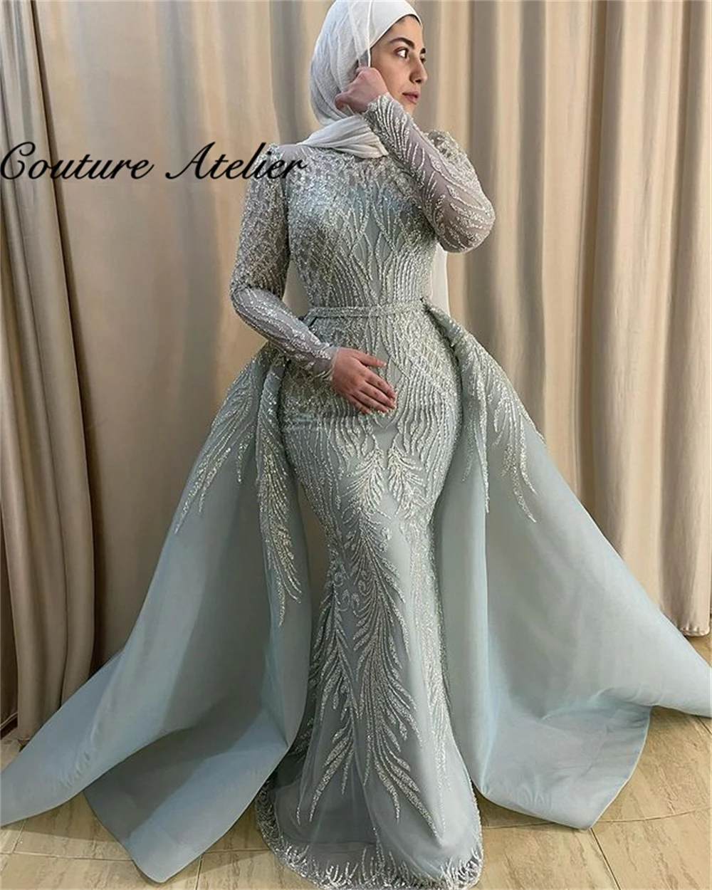 Türkiye Müslüman abiye ışıltılı Uzun Kollu Tren Düğün Elbise İle Dubai Resmi Elbiseler elbise de soree Denizkızı Boncuklu  Görüntü 0