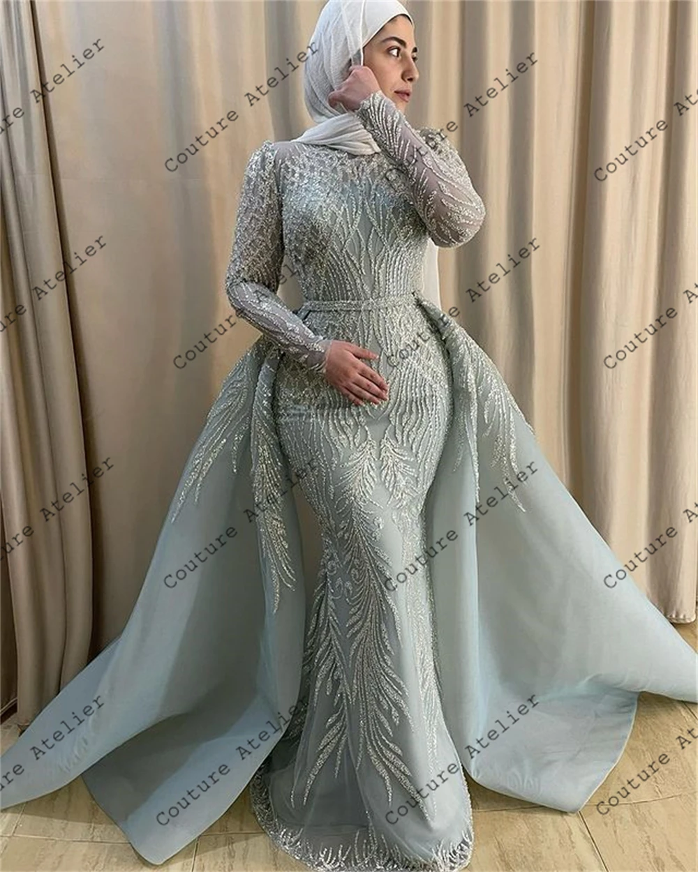 Türkiye Müslüman abiye ışıltılı Uzun Kollu Tren Düğün Elbise İle Dubai Resmi Elbiseler elbise de soree Denizkızı Boncuklu  Görüntü 1