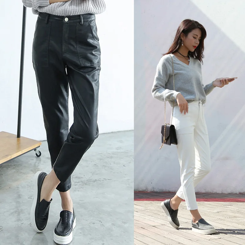 Yeni deri pantolon kadın pantolonları Sonbahar Kore PU deri pantolon Kadın Gevşek Rahat Öğrenciler Bf Rüzgar harem pantolon Görüntü 0