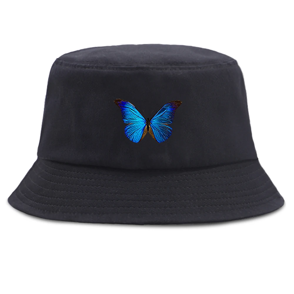 Mavi Kelebek Kova Şapka Katlanabilir Pamuk Harajuku Balıkçı Şapka Güneş Koruyucu Rahat Plaj güneşlikli kep Unisex Açık Panama Kapaklar Görüntü 1