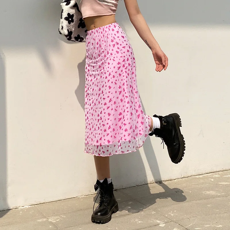 Grunge Fairycore Midi Etek Pembe Çiçek Baskı Örgü Etek Kadın Yumuşak Kız Estetik Y2K Kıyafet Görüntü 1